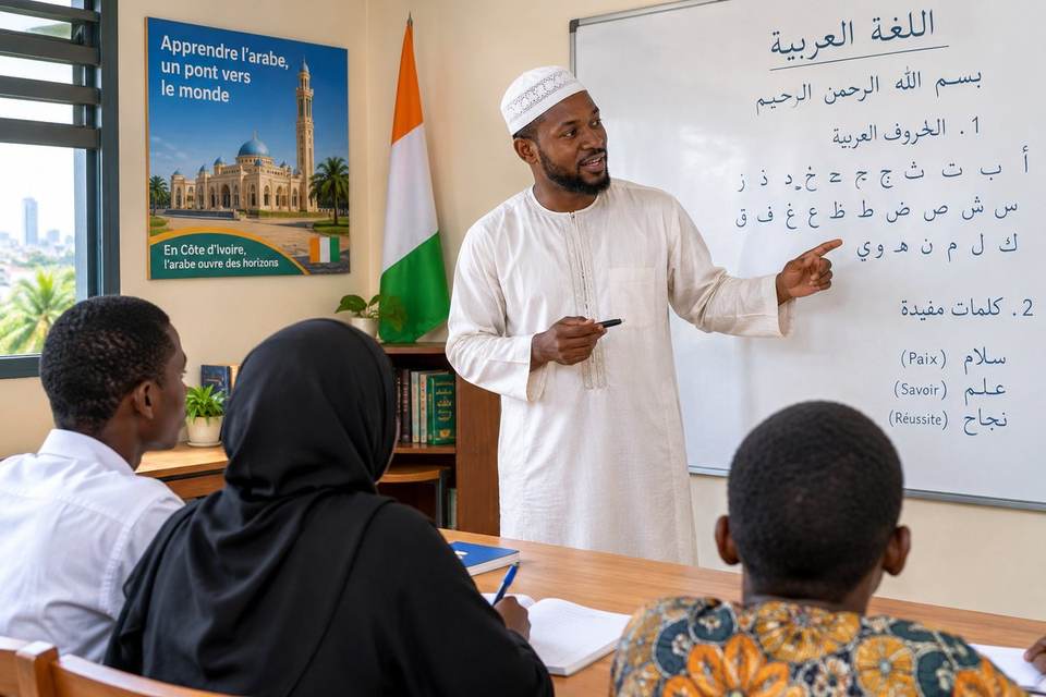 Un professeur enseigne l'alphabet arabe à des élèves en Côte d'Ivoire