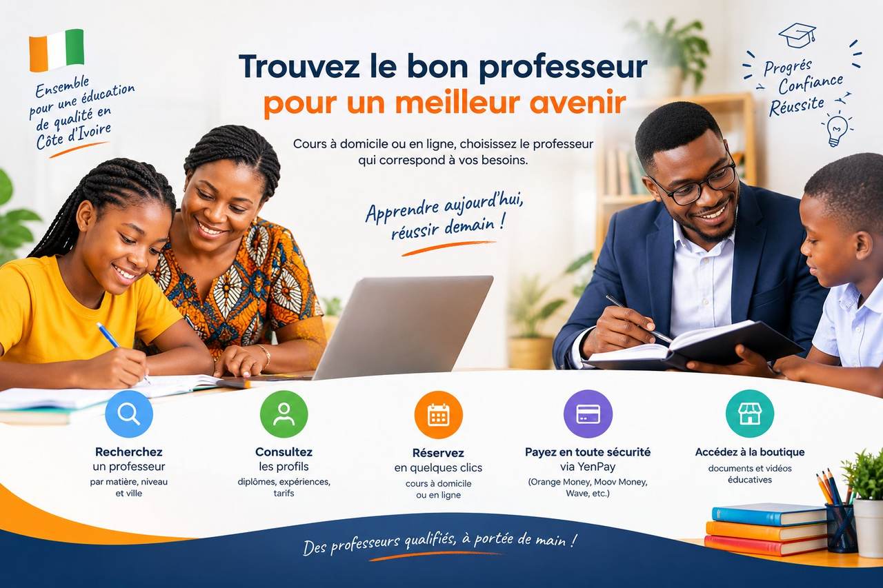 Trouvez le bon professeur pour un meilleur avenir : recherchez, consultez les profils, réservez, payez en toute sécurité via YenPay et accédez à la boutique